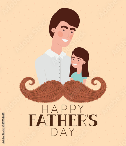 Happy fathers day text man daughter cartoon and mustache vector design