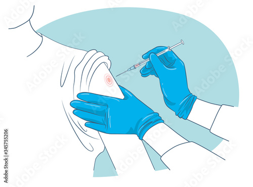 Injection process, nurse's hands in blue gloves are preparing to prick a patient’s hand with a hypodermic syringe needle