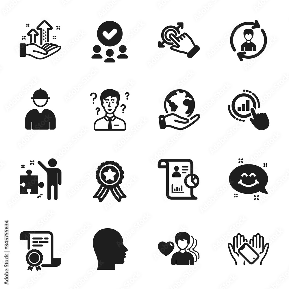 Set of People icons, such as Man love, Smile chat. Certificate, approved group, save planet. Touchscreen gesture, Strategy, Engineer. Head, Report, Human resources. Vector Set of People icons, such as Man love, Smile chat. Certificate, approved group, save planet. Touchscreen gesture, Strategy, Engineer. Head, Report, Human resources. Vector