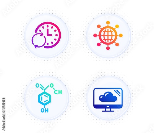 International globe, Update time and Chemical formula icons simple set. Button with halftone dots. Cloud storage sign. World networking, Refresh clock, Chemistry. Computer. Science set. Vector