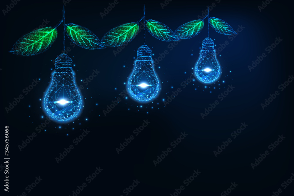Futuristic environmentally friendly idea concept with glowing low polygonal hanging lightbulbs with green leaves