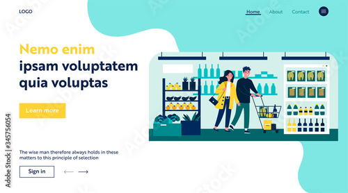 People buying food at supermarket flat vector illustration. Cartoon customers with cart walking down aisle, choosing products and grocery goods in store. Retail and consumerism concept.