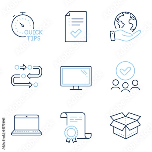 Approved checklist, Open box and Monitor line icons set. Diploma certificate, save planet, group of people. Notebook, Quick tips and Methodology signs. Vector