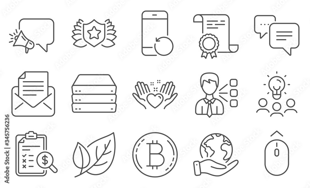 Set of Business icons, such as Mail correspondence, Servers. Diploma, ideas, save planet. Laureate, Hold heart, Megaphone. Dots message, Bitcoin, Third party. Leaf, Recovery phone, Swipe up. Vector Set of Business icons, such as Mail correspondence, Servers. Diploma, ideas, save planet. Laureate, Hold heart, Megaphone. Dots message, Bitcoin, Third party. Leaf, Recovery phone, Swipe up. Vector