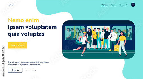 People hurrying into overcrowded train flat vector illustration. Cartoon characters squeezing in metro. Public transport, overpopulation and travelling concept.