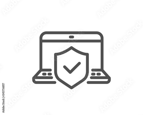 Laptop insurance hand line icon. Risk coverage sign. Notebook protection symbol. Quality design element. Editable stroke. Linear style laptop insurance icon. Vector