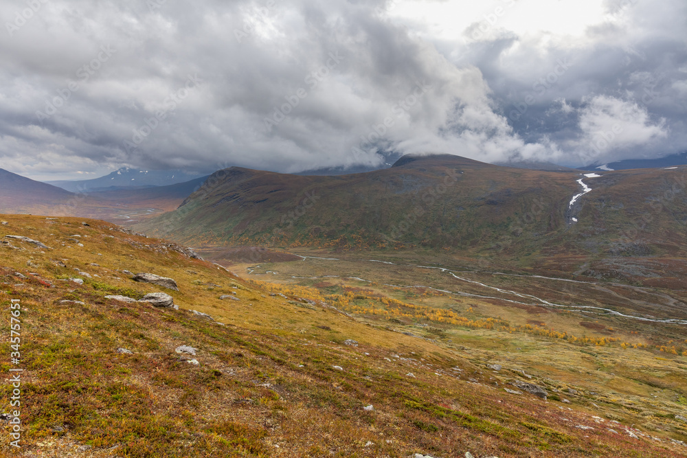 View to Sarek National Park in autumn, Sweden, selective focus View to Sarek National Park in autumn, Sweden, selective focus