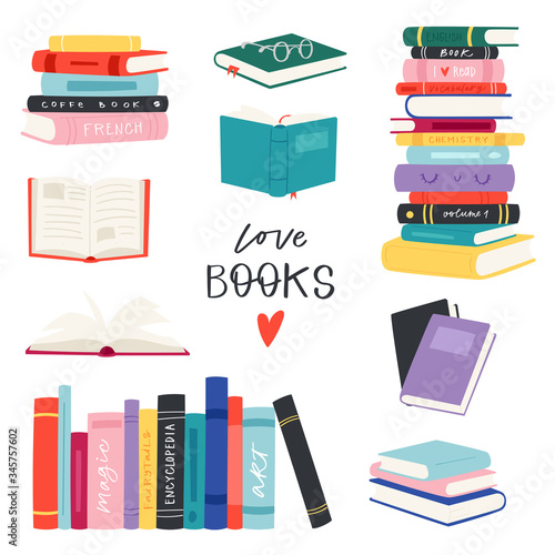 Cartoon reading set of hadrdrawn books. Vector illustration for reading lovers with open books, piles, colorful covers, in a stack, in a group, closed for web, library, store, study.