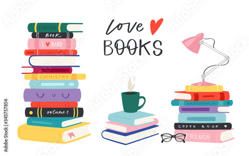 Cartoon reading set of hadrdrawn books. Vector illustration for reading lovers with open books, piles, colorful covers, in a stack, in a group, closed for web, library, store, study.