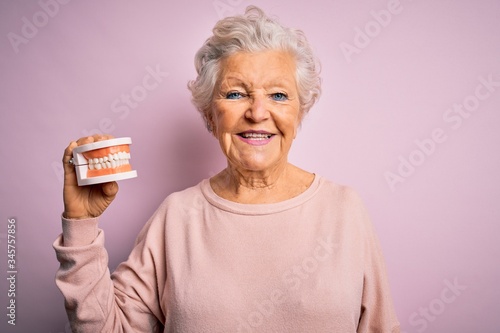 Senior beautiful grey-haired woman holding plastic denture teeth over pink background with a happy face standing and smiling with a confident smile showing teeth photo