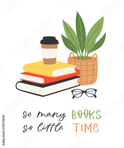 Cartoon hand drawn vector Illustration of books with calligraphy text. Lettering  quotes and drawing object for read lovers isolated on white background. Reading motivation for design, cards, posters