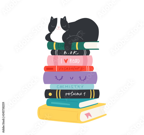 Cartoon hand drawn cozy Illustration of books and cats with calligraphy text. Lettering  quotes and drawing object for read lovers on white background. Reading motivation for design, cards, posters