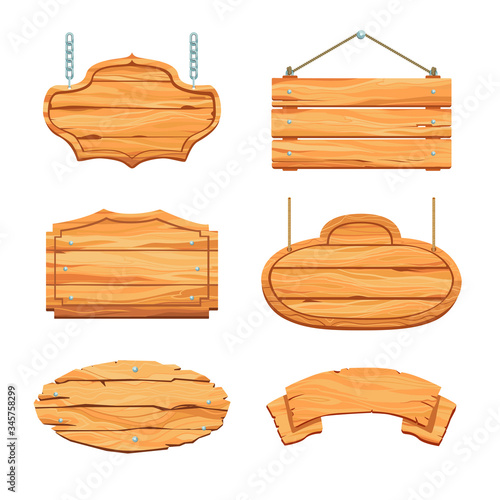 Fototapeta Naklejka Na Ścianę i Meble -  Rustic wooden boards set. Hanging blank saloon signboards and banners with ropes and chains. Vector illustration for bar, restaurant, guidepost, vintage concept