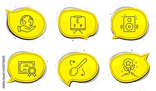 Cooking spoon sign. Diploma certificate, save planet chat bubbles. Vision board, Loyalty points and Speakers line icons set. Eye check, Bonus grows, Sound. Cutlery. Business set. Vector