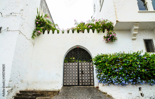 Beautiful cozy street in old medina of city Tangier, Morocco