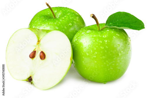 green apples with slices and green leaves isolated on white background
