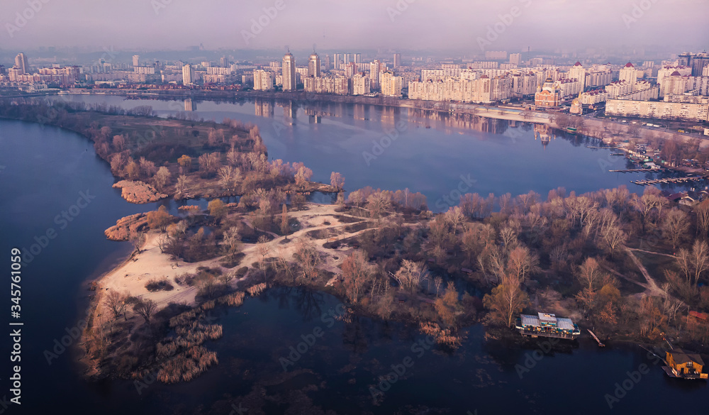 Aerial view of Obolon bay in the early spring