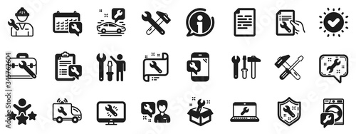 Set of Hammer, Screwdriver and Spanner tool icons. Repair car service icons. Recovery, Washing machine repair, Car service. Engineer tool, Tech support. Spanner equipment, screwdriver. Vector