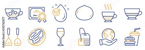 Set of Food and drink icons, such as Water drop, Wine glass. Certificate, save planet. Doppio, Tea bag, Cooking cutlery. Hamburger, Macadamia nut, Bombon coffee. Vector