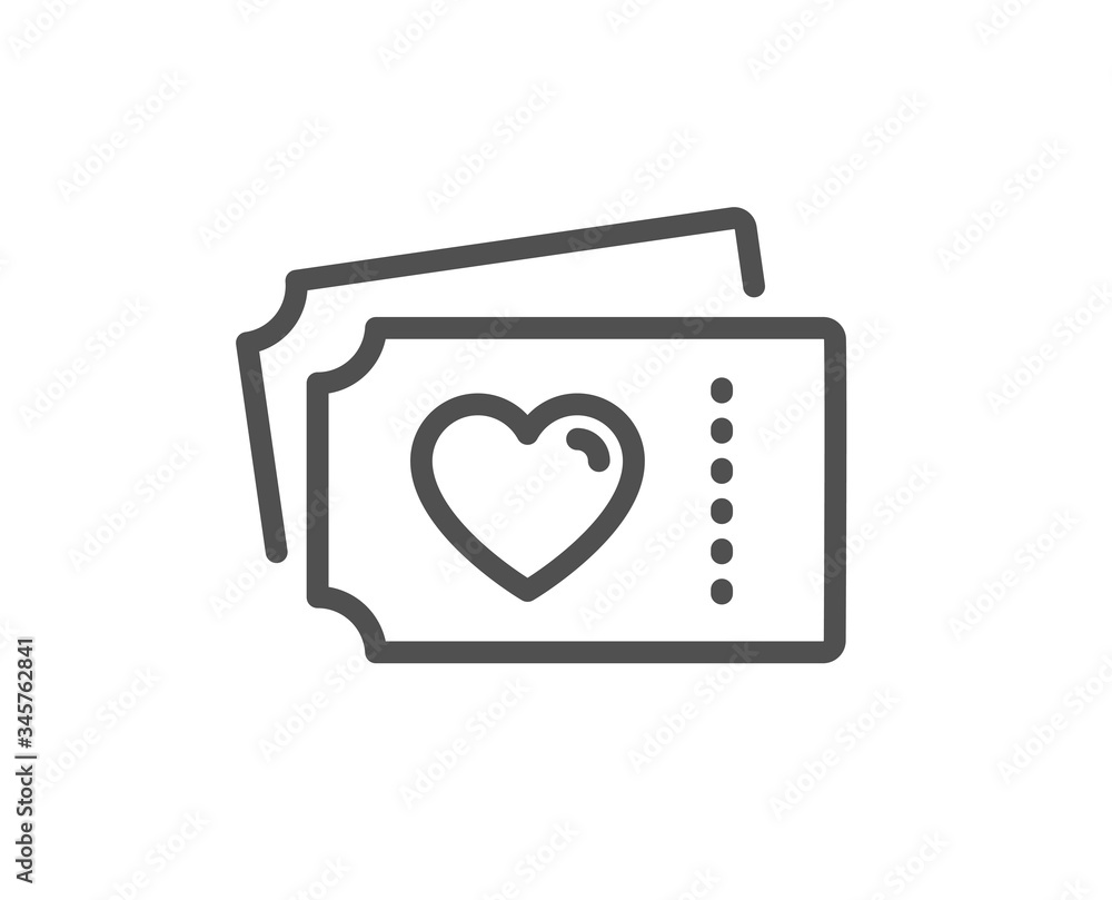 Love tickets line icon. Valentines day sign. Couple relationships symbol. Quality design element. Editable stroke. Linear style love tickets icon. Vector Love tickets line icon. Valentines day sign. Couple relationships symbol. Quality design element. Editable stroke. Linear style love tickets icon. Vector