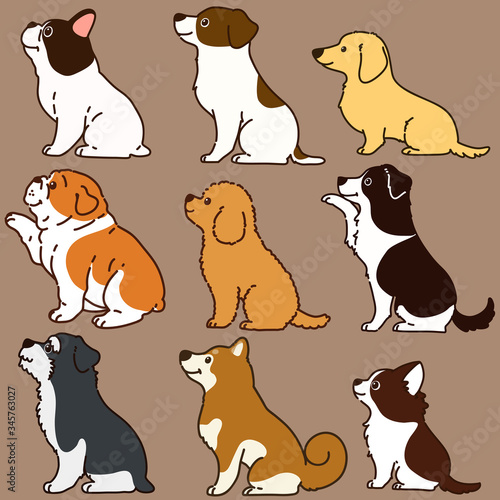 Set of outlined cute dogs sitting in side view illustrations