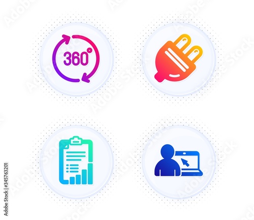 Electric plug, 360 degrees and Checklist icons simple set. Button with halftone dots. Online education sign. Energy, Full rotation, Graph report. Internet lectures. Science set. Vector