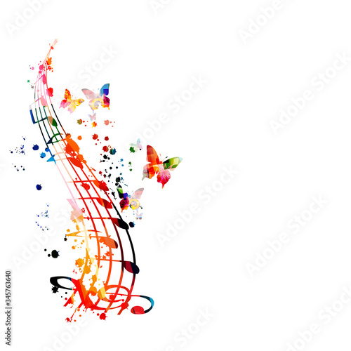 Colorful music promotional poster with G-clef and music notes isolated vector illustration. Artistic abstract background with music staff for music show, live concert events, party flyer template