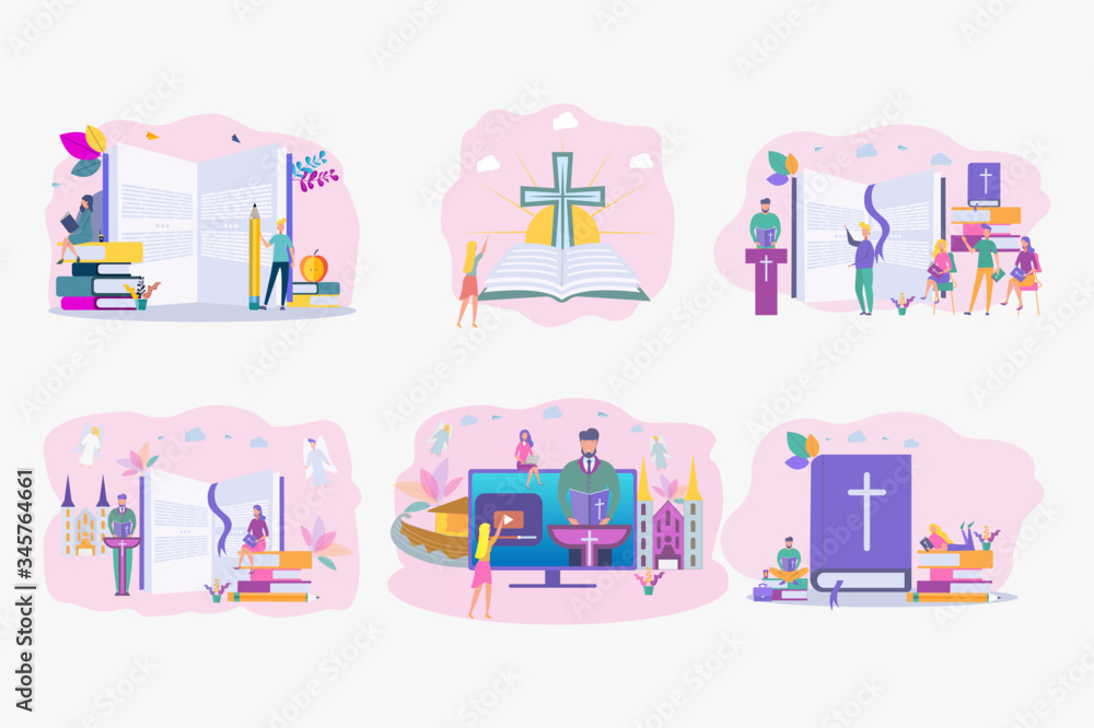 Set illustrations. The pastor conducts online service to God. Online sermon system, the concept of studying the word of God. Personal blog of a pastor or priest. Colorful vector illustration.