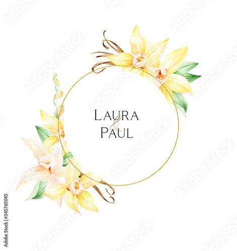 Watercolor wedding frame clipart.  Individual Vanilla orhid flower for tropical wedding Invitation. Yellow floral frame. Sweet desserts photo