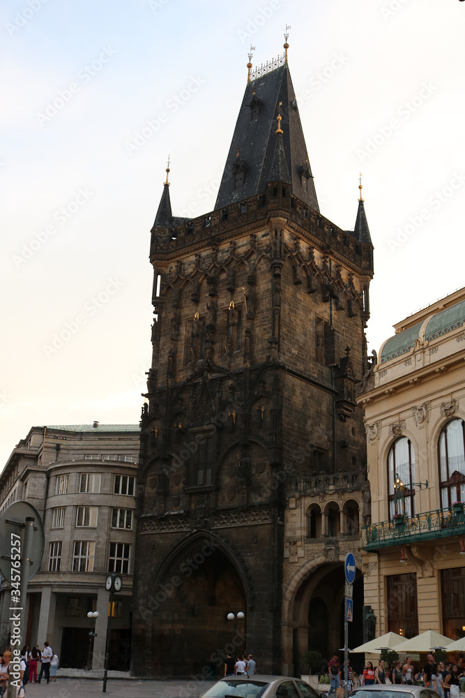 Fototapeta premium Gunpowder tower at a Public house against the evening sky