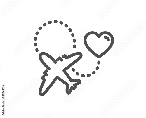 Honeymoon travel line icon. Love trip sign. Valentines day flight symbol. Quality design element. Editable stroke. Linear style honeymoon travel icon. Vector