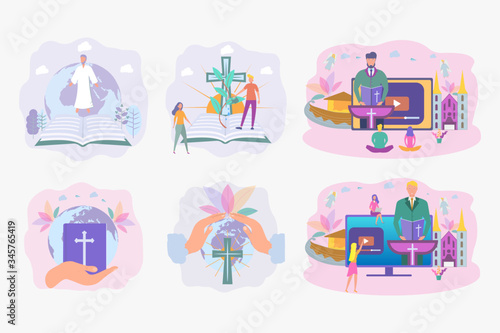 Set illustrations. The pastor conducts online service to God. Online sermon system, the concept of studying the word of God. Personal blog of a pastor or priest. Colorful vector illustration.