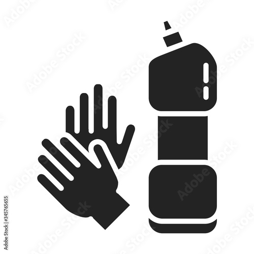 Gloves and detergent black glyph icon. Cleaning service. Pictogram for web page, mobile app, promo.
