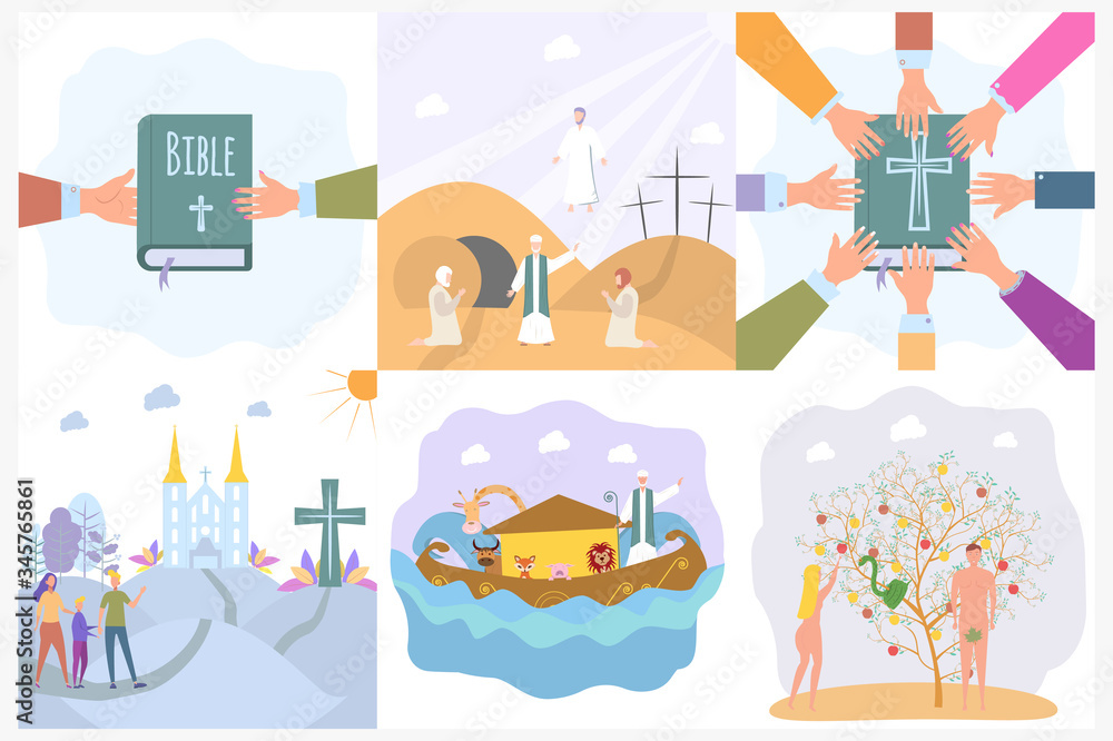 Naklejka premium Set illustrations. Ascension of Jesus Christ. The Sacrifice of the Messiah for the Atonement of Mankind. Learn the word of God. Bible story design concept. Colorful vector illustration.