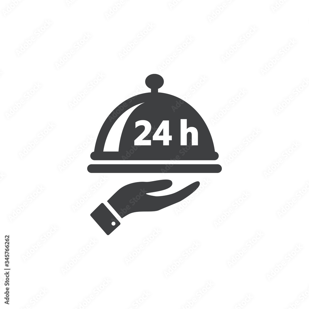 Fototapeta premium Twenty four hours service or non stop food delivery. Dish cap, meal cover or tray server and a hand with 24 h black isolated vector icon.