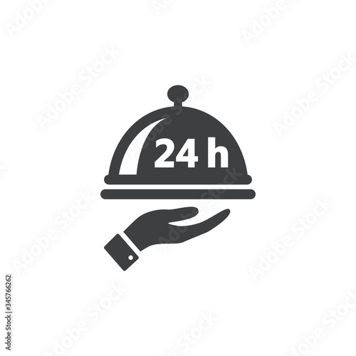 Twenty four hours service or non stop food delivery. Dish cap, meal cover or tray server and a hand with 24 h black isolated vector icon.