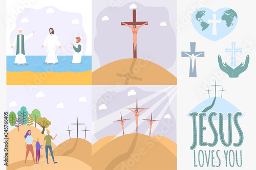 Set illustrations. Crucifixion of Jesus Christ. Atonement for the sins of men. The Word of God. Christianity. The number of believers is growing. Jesus Christ. Holy places. Bible study concept.