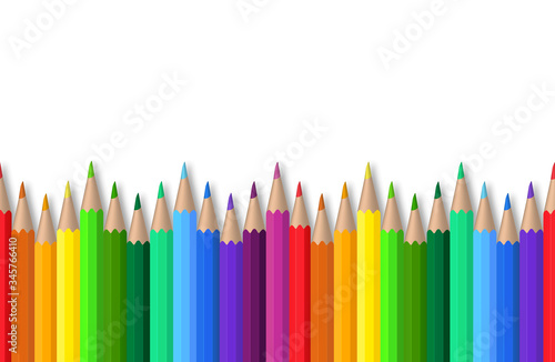 Seamless color pencils on white background. Red, blue, green, yellow wooden pencil for school education. Drawing tool collection for artwork. Realistic set pencils for kindergarten. vector