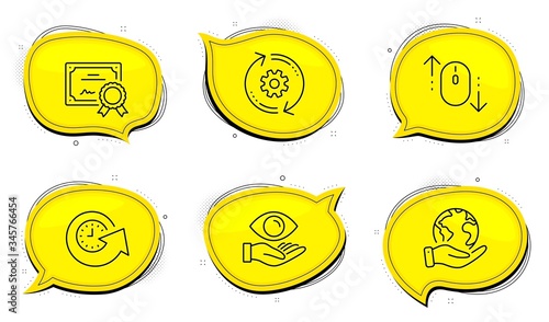 Scroll down sign. Diploma certificate, save planet chat bubbles. Health eye, Update time and Cogwheel line icons set. Optometry, Refresh watch, Engineering tool. Mouse swipe. Business set. Vector