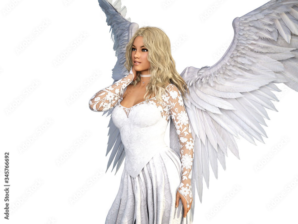 Attractive angel woman in white dress with wings isolated on white. 3D rendering. Attractive angel woman in white dress with wings isolated on white. 3D rendering.