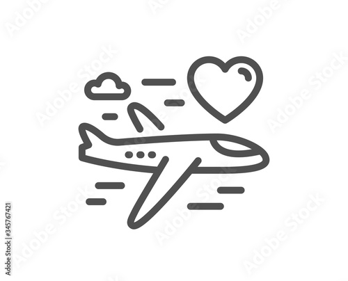 Honeymoon travel line icon. Love trip sign. Valentines day flight symbol. Quality design element. Editable stroke. Linear style honeymoon travel icon. Vector
