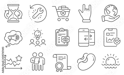 Set of Business icons, such as Hourglass, Megaphone. Diploma, ideas, save planet. Ranking stars, Eye checklist, Phone communication. Beans, Remove purchase, Survey. Vector