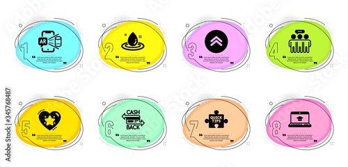 Website education, Augmented reality and Ranking star signs. Timeline infographic. Quick tips, Cashback card and Swipe up line icons set. Employees group, Fuel energy symbols. Vector