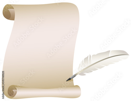 A vector illustration of a blank paper scroll with a feather quill pen