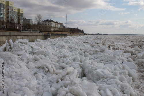 ice drift on the Severnaya Dvina river off the coast of Arkhangelsk, Russia