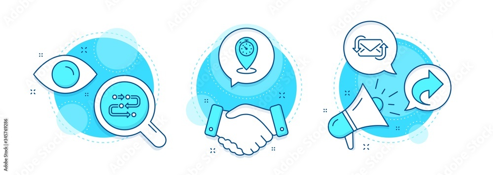 Timer, Share and Methodology line icons set. Handshake deal, research and promotion complex icons. Refresh mail sign. Location pointer, Link, Development process. New e-mail. Technology set. Vector - obrazy, fototapety, plakaty 