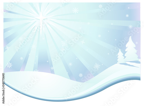 A vector illustration of a snowy winter landscape with a Christmas star shining in the sky