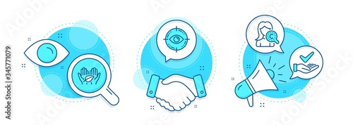 Fair trade, Collagen skin and Dermatologically tested line icons set. Handshake deal, research and promotion complex icons. Eye target sign. Safe nature, Skin care, Organic. Optometry. Vector
