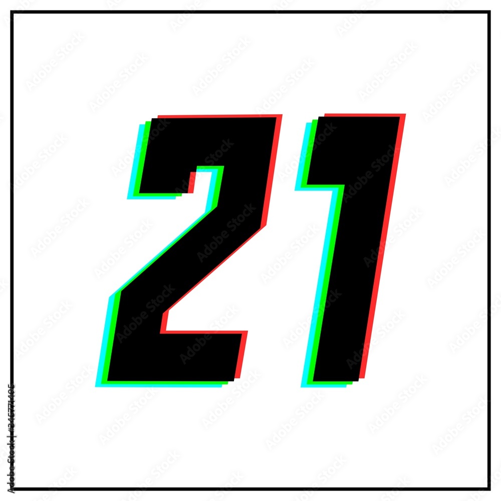 Number 21, twenty one vector desing logo.Dynamic, split-color, shadow of number red, green, blue in black frame on white background.For social media,design elements, anniversary celebration greeting Number 21, twenty one vector desing logo.Dynamic, split-color, shadow of number red, green, blue in black frame on white background.For social media,design elements, anniversary celebration greeting