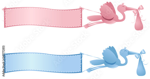 A vector illustration of a pink and blue flying stork carrying a baby in a sack and with a banner flying behind
